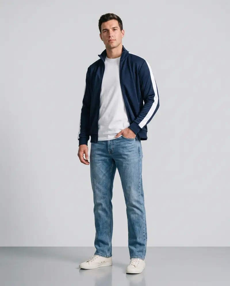 Full-body shot of a male model wearing a striped retro track top with straight-leg jeans and canvas sneakers, mixed retro look