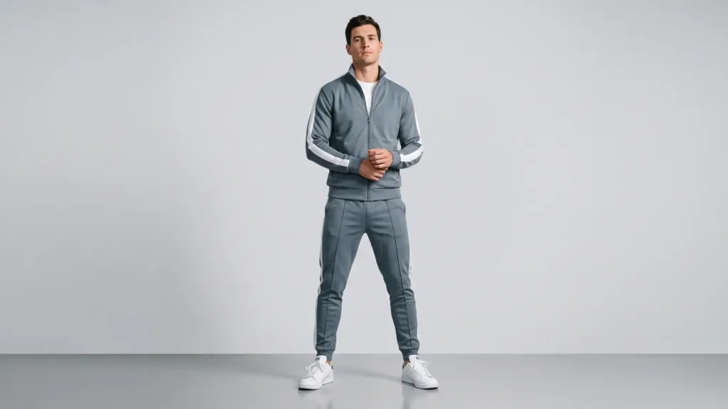 Full-body shot of a male model wearing a full retro tracksuit with side stripes and white sneakers, modern athleisure look