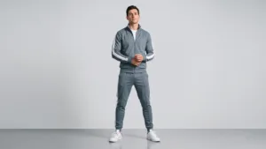 Full-body shot of a male model wearing a full retro tracksuit with side stripes and white sneakers, modern athleisure look