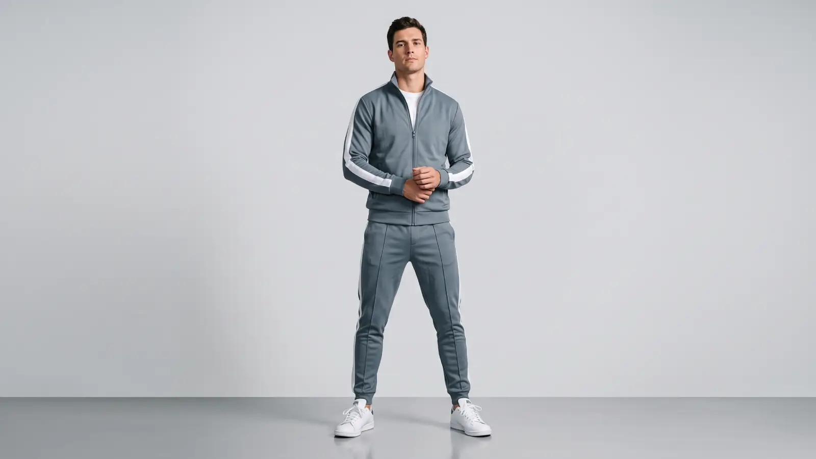 Full-body shot of a male model wearing a full retro tracksuit with side stripes and white sneakers, modern athleisure look