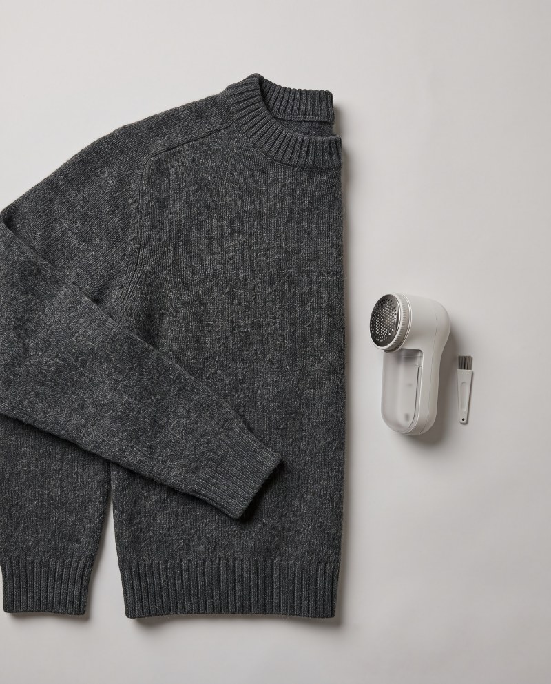 Overhead flat-lay of a sweater laid flat with a fabric shaver, sweater care scene