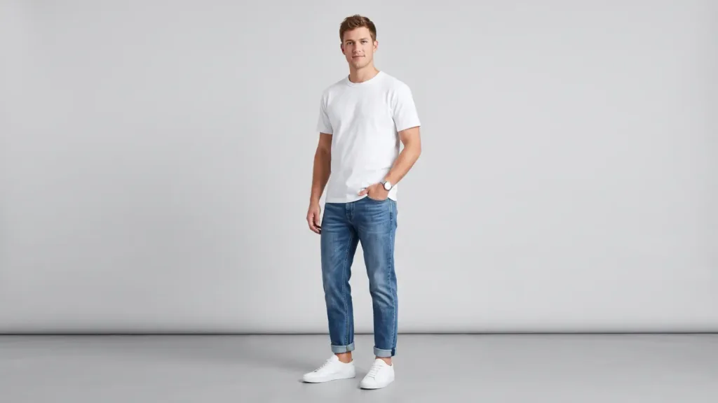 Full-body shot of a male model wearing tapered jeans with cuffed ankles, a heavyweight tee, and sneakers, smart-casual look