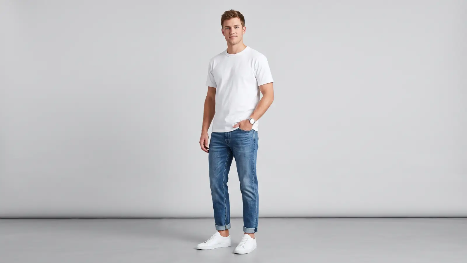 Full-body shot of a male model wearing tapered jeans with cuffed ankles, a heavyweight tee, and sneakers, smart-casual look