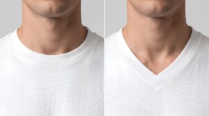Side-by-side macro of crew neck and V-neck tees worn by a man, showing the two neckline shapes