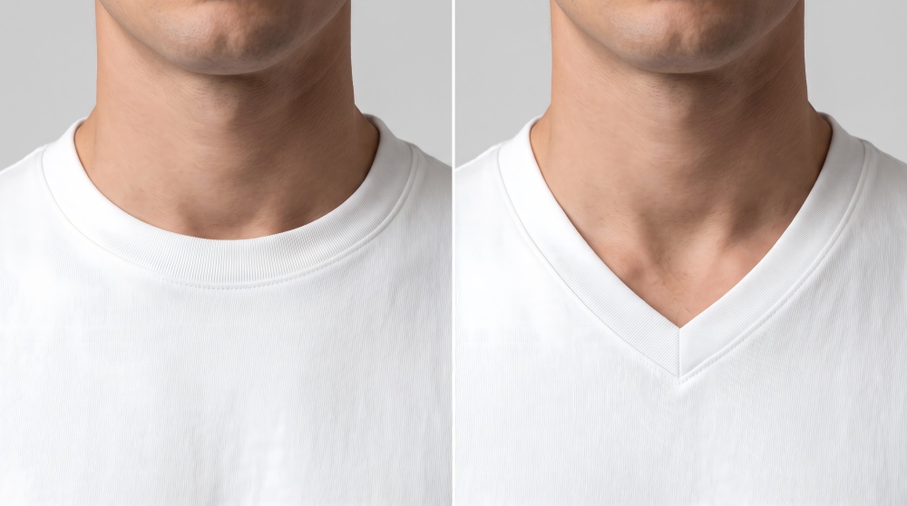 Side-by-side macro of crew neck and V-neck tees worn by a man, showing the two neckline shapes
