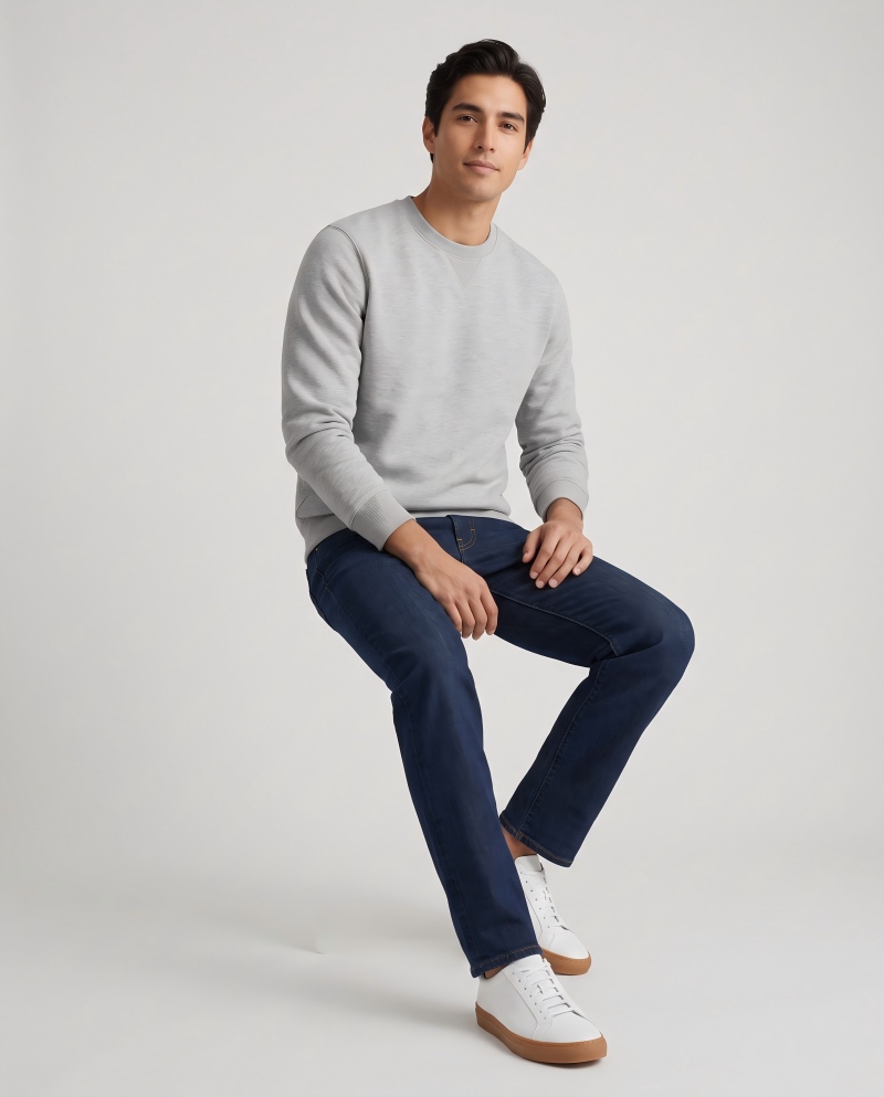 Male model in a weekend look — crewneck with dark denim and white sneakers, showing the capsule wardrobe's casual combo