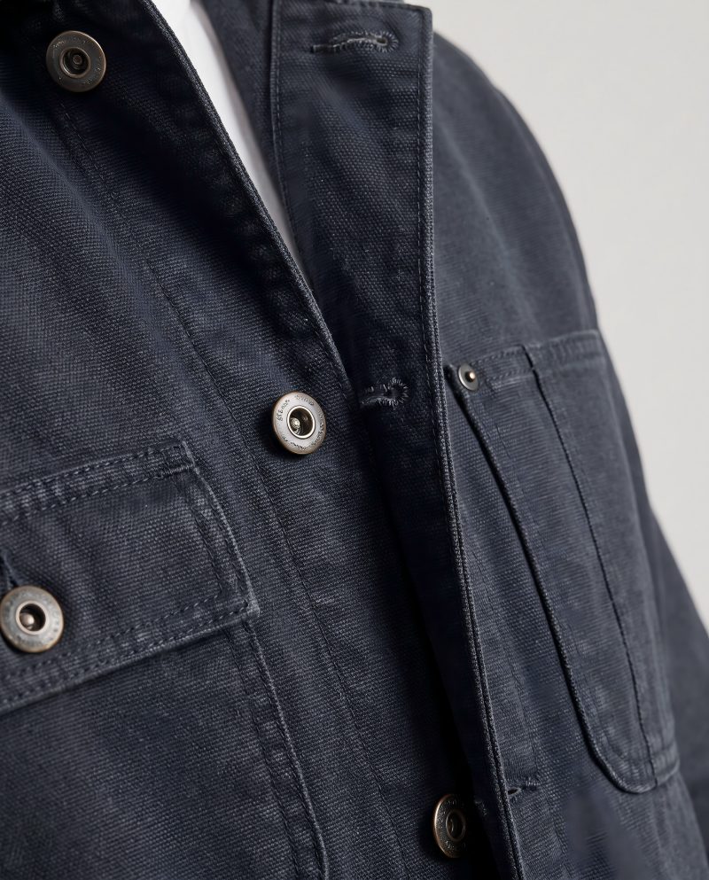 Close-up macro of a work jacket showing the twill fabric and stitching detail