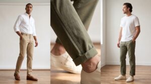 A side-by-side 16:9 montage of men's casual and smart-casual chino styling in a bright studio. The left photo shows a man in straight-fit khaki chinos, a white oxford shirt, and brown loafers. The center is a close-up macro of an olive-green chino rolled cuff at the ankle above off-white canvas sneakers. The right photo shows a man wearing cuffed olive-green chinos with a white t-shirt and off-white sneakers.