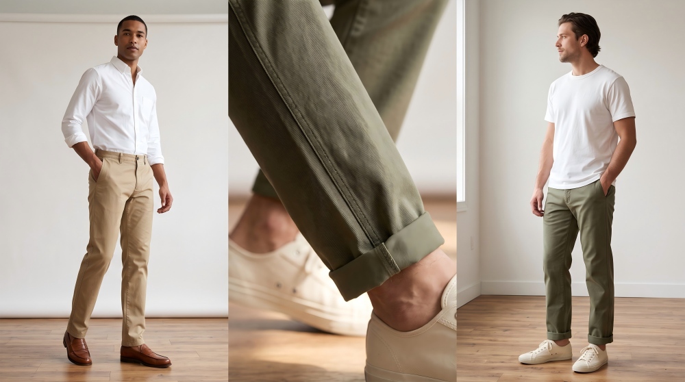 A side-by-side 16:9 montage of men's casual and smart-casual chino styling in a bright studio. The left photo shows a man in straight-fit khaki chinos, a white oxford shirt, and brown loafers. The center is a close-up macro of an olive-green chino rolled cuff at the ankle above off-white canvas sneakers. The right photo shows a man wearing cuffed olive-green chinos with a white t-shirt and off-white sneakers.