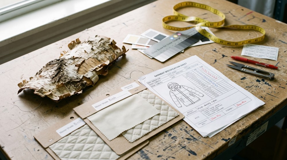 Birch bark specimen, fabric swatches, and garment tech pack