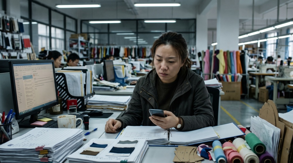 Merchandiser holding phone at desk after a dispute