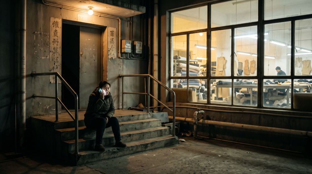 Merchandiser listening to voice note outside workshop at night
