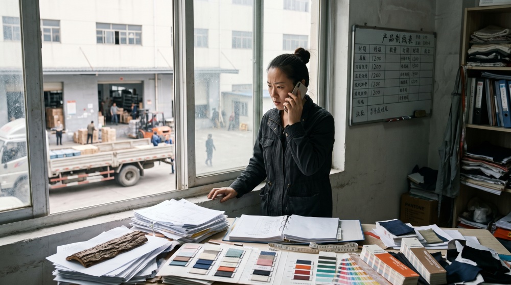 Merchandiser on phone with overseas client by office window