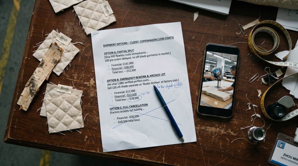 Shipment options memo, swatches, and workshop video on phone