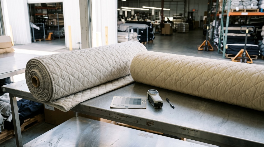 Two quilted fabric rolls showing dye vat variation in daylight