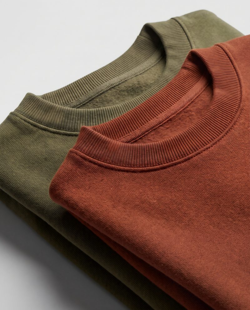 Close-up macro of matching crewneck sweatshirts showing the fabric texture