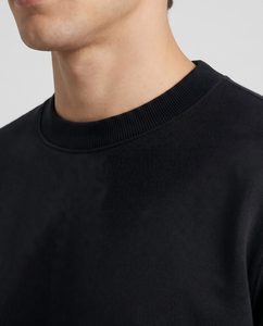 Close-up macro of a black crewneck sweatshirt showing the fabric texture