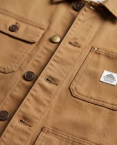 Close-up macro of a khaki work jacket showing the fabric texture