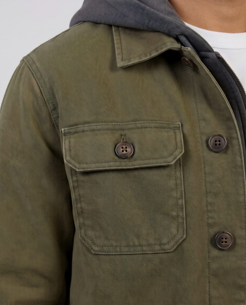 Close-up macro of a work jacket showing the structured fabric texture