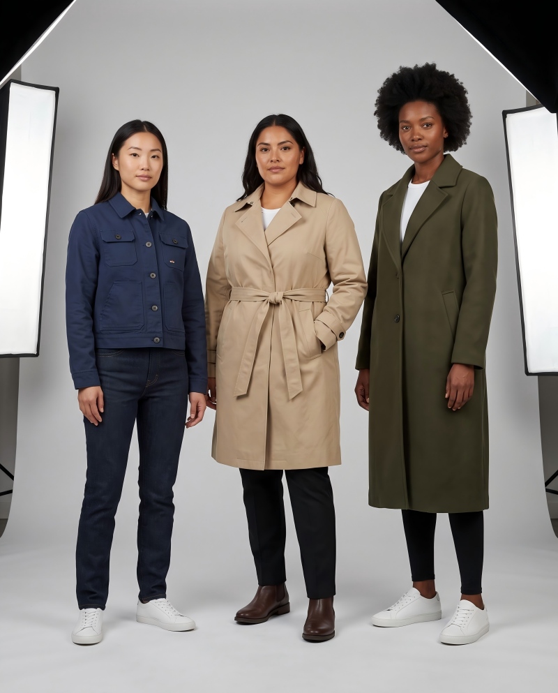 Group shot of three women wearing a cropped jacket, a mid-length coat, and a long coat