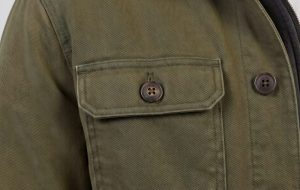 Close-up macro of a work jacket showing the structured fabric texture